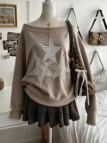 Collagica Collagica Pentagram Applique Fashion Minimalist Women's Oversized Scoop Neck Long Sleeve Sweatshirt, Gift For Friends - Apricot - View 1