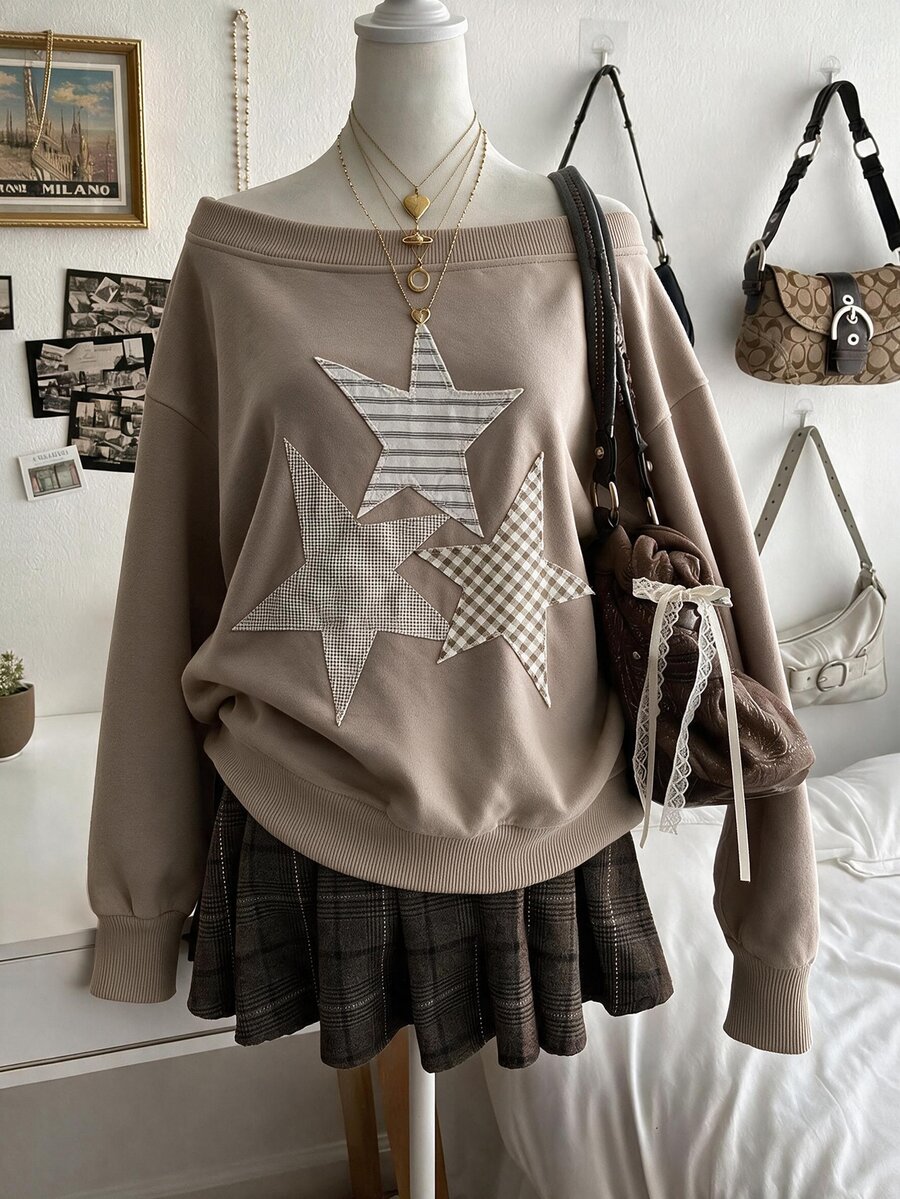 Collagica Collagica Pentagram Applique Fashion Minimalist Women's Oversized Scoop Neck Long Sleeve Sweatshirt, Gift For Friends - Apricot - View 1