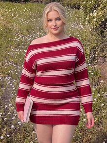 SHEIN MOD فستان محبوك بياقة مائلة غير متماثلة وأكمام طويلة بألوان متباينة للبنات، خطوط بألوان متباينة، قصة فضفاضة، مقاسات كبيرة، خريف/شتاء، عنابي، وردي - روز أحمر - مشاهدة 6