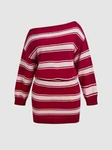SHEIN MOD فستان محبوك بياقة مائلة غير متماثلة وأكمام طويلة بألوان متباينة للبنات، خطوط بألوان متباينة، قصة فضفاضة، مقاسات كبيرة، خريف/شتاء، عنابي، وردي - روز أحمر - مشاهدة 2