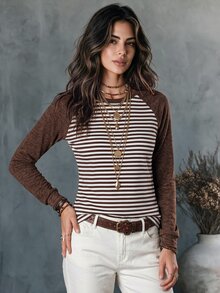Glimmora 新款女式時尚休閒百搭圓領插肩袖咖啡色對比條紋運動衫 - 彩色 - 查看 4