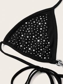 Coolane Women's Black Halter Micro Crop Top: Rhinestone Knitted Camisole With Asymmetrical Hem For A Dazzling Night Out Party Beach Summer Sexy - Black - View 4