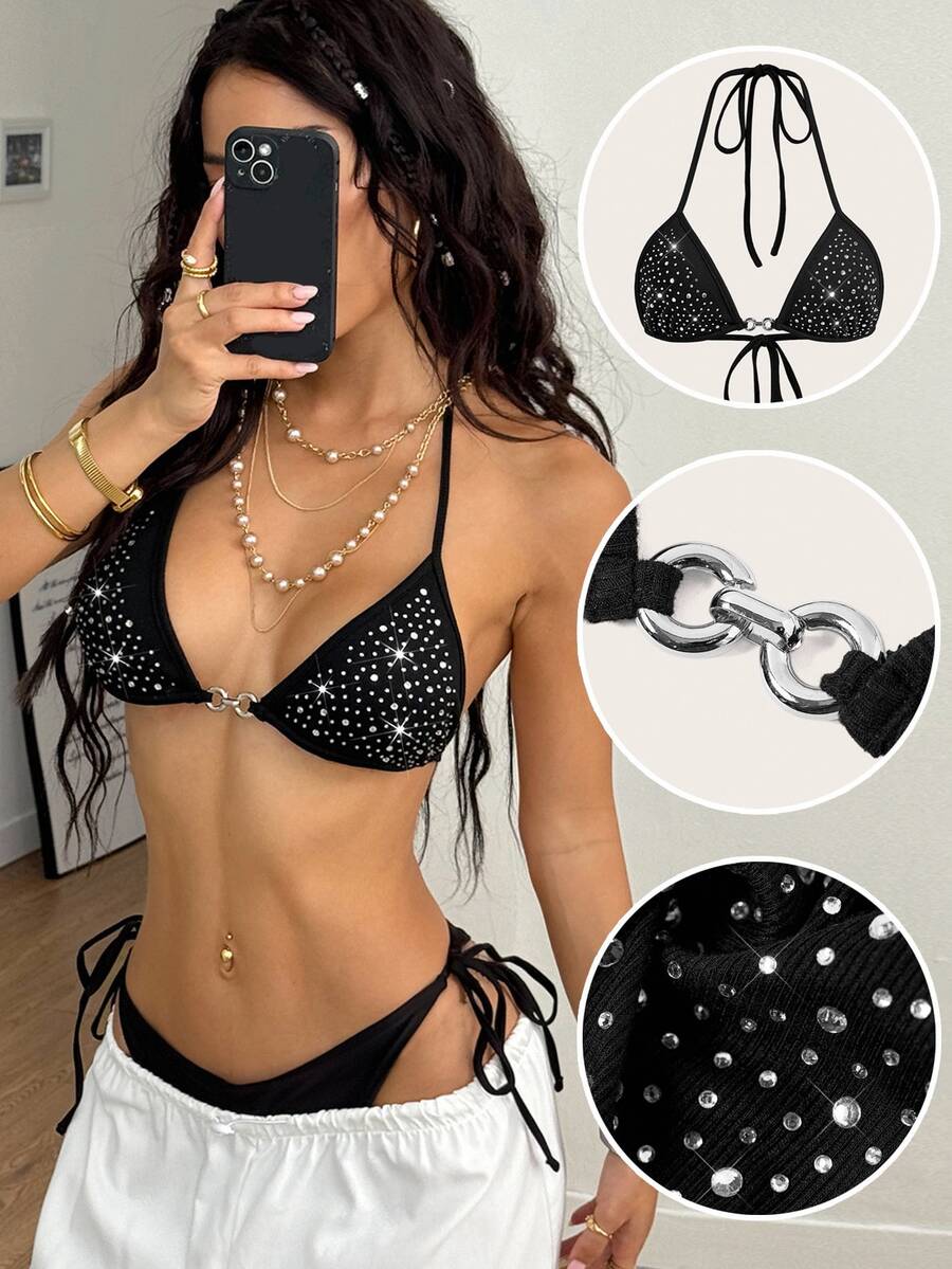 Coolane Women's Black Halter Micro Crop Top: Rhinestone Knitted Camisole With Asymmetrical Hem For A Dazzling Night Out Party Beach Summer Sexy - Black - View 1