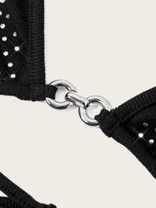 Coolane Women's Black Halter Micro Crop Top: Rhinestone Knitted Camisole With Asymmetrical Hem For A Dazzling Night Out Party Beach Summer Sexy - Black - View 5