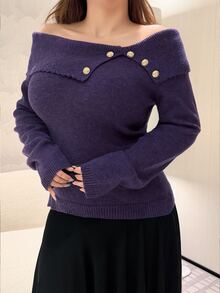 Vibekara Autumn/Winter French Style Turn-Down Collar Elegant Unique Slim Fit Design Purple Button Decor Niche Pullover Sweater Fall - Purple - View 5