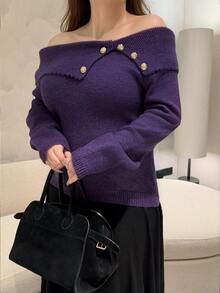 Vibekara Autumn/Winter French Style Turn-Down Collar Elegant Unique Slim Fit Design Purple Button Decor Niche Pullover Sweater Fall - Purple - View 6