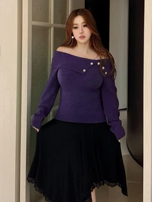 Vibekara Autumn/Winter French Style Turn-Down Collar Elegant Unique Slim Fit Design Purple Button Decor Niche Pullover Sweater Fall - Purple - View 1