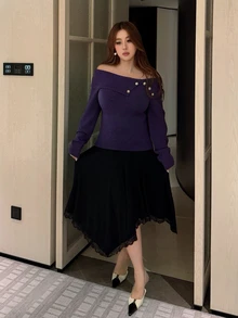 Vibekara Autumn/Winter French Style Turn-Down Collar Elegant Unique Slim Fit Design Purple Button Decor Niche Pullover Sweater Fall - Purple - View 7