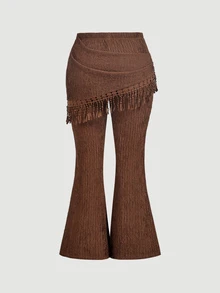 SHEIN MOD Plus Size Women's Knitted Textured Flare Pants With Bohemian Fringe Wrap Overlay, Autumn/Winter, Music Festival, Party Fall - Brown - View 3