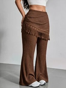 SHEIN MOD Plus Size Women's Knitted Textured Flare Pants With Bohemian Fringe Wrap Overlay, Autumn/Winter, Music Festival, Party Fall - Brown - View 5