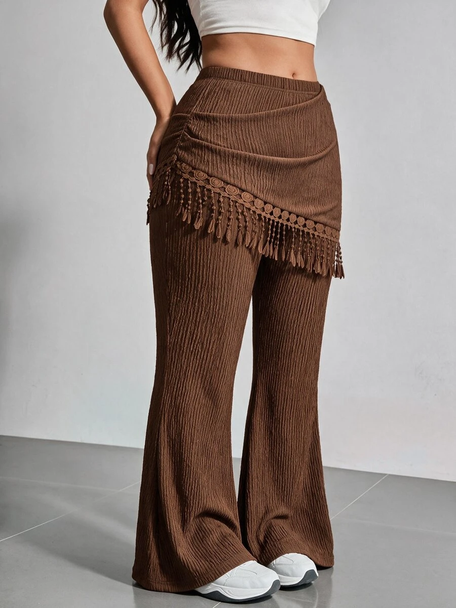 SHEIN MOD Plus Size Women's Knitted Textured Flare Pants With Bohemian Fringe Wrap Overlay, Autumn/Winter, Music Festival, Party Fall - Brown - View 1