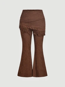 SHEIN MOD Plus Size Women's Knitted Textured Flare Pants With Bohemian Fringe Wrap Overlay, Autumn/Winter, Music Festival, Party Fall - Brown - View 2