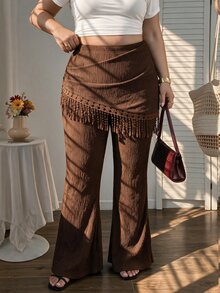 SHEIN MOD Plus Size Women's Knitted Textured Flare Pants With Bohemian Fringe Wrap Overlay, Autumn/Winter, Music Festival, Party Fall - Brown - View 1