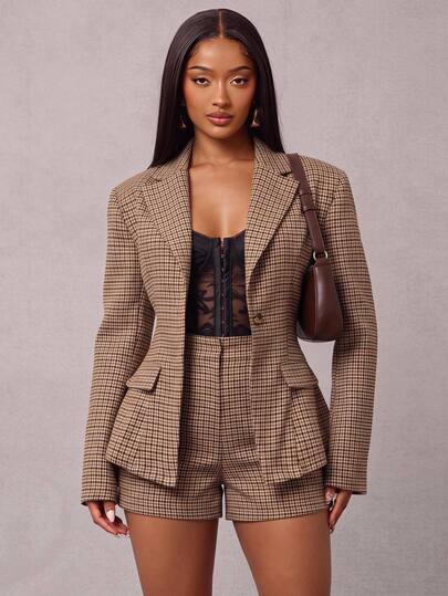 Radiana Women's Fall Modern Elegant Sharp Ultra-Waist-Cinching Blazer, All-Match Versatile, Casual Daily Wear, Old Money Style, Office Business Brown Plaid