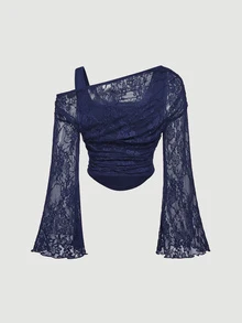 SHEIN MOD White Open Shoulder Lace 2-In-1 Flared Sleeve Long Sleeve Women's Top, Autumn, Festival, Party Tea Party, Beach, Wedding, Romantic - Navy Blue - View 4