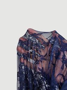 SHEIN MOD White Open Shoulder Lace 2-In-1 Flared Sleeve Long Sleeve Women's Top, Autumn, Festival, Party Tea Party, Beach, Wedding, Romantic - Navy Blue - View 7
