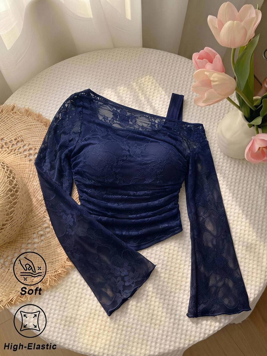 SHEIN MOD White Open Shoulder Lace 2-In-1 Flared Sleeve Long Sleeve Women's Top, Autumn, Festival, Party Tea Party, Beach, Wedding, Romantic - Navy Blue - View 1