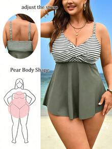 SHEIN Swim Curve 2026新款加大码女式两件套条纹印花吊带背心上衣和高腰比基尼泳裤泳装，夏季海滩度假泳装裙套装 - 彩色 - 查看 1