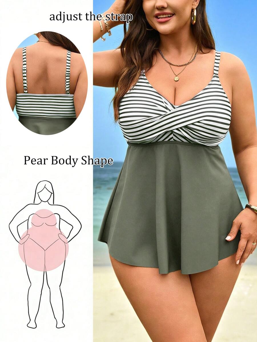 SHEIN Swim Curve 2026新款加大码女式两件套条纹印花吊带背心上衣和高腰比基尼泳裤泳装,夏季海滩度假泳装裙套装 - 彩色 - 查看 1
