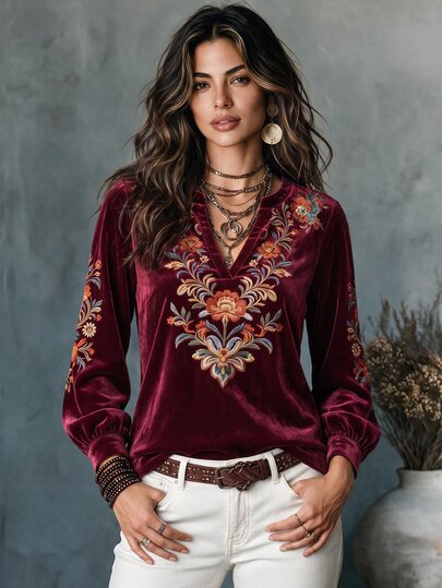 Glimmora Women's Floral Print Notch V-Neck Long Sleeve T-Shirt