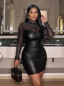 SHEIN CURVE+ Plus Size Women's Patchwork Rhinestone Mesh Stand Collar Long Sleeve PU Leather Fashion Dress - Black - View 6