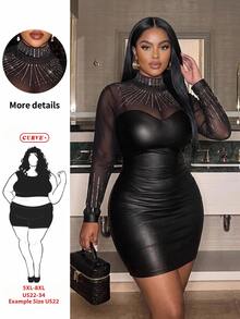 SHEIN CURVE+ Plus Size Women's Patchwork Rhinestone Mesh Stand Collar Long Sleeve PU Leather Fashion Dress - Black - View 1