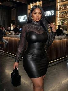 SHEIN CURVE+ Plus Size Women's Patchwork Rhinestone Mesh Stand Collar Long Sleeve PU Leather Fashion Dress - Black - View 4