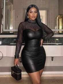 SHEIN CURVE+ Plus Size Women's Patchwork Rhinestone Mesh Stand Collar Long Sleeve PU Leather Fashion Dress - Black - View 3