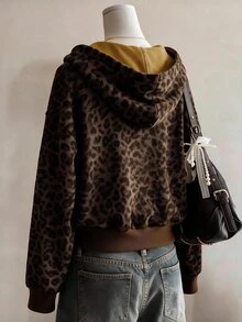 Collagica Collagica Áo hoodie nữ kéo khóa họa tiết da báo - màu nâu - Xem 2