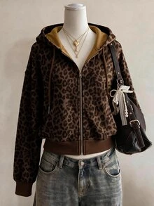 Collagica Collagica Áo hoodie nữ kéo khóa họa tiết da báo - màu nâu - Xem 4