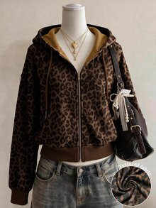 Collagica Collagica Áo hoodie nữ kéo khóa họa tiết da báo - màu nâu - Xem 1