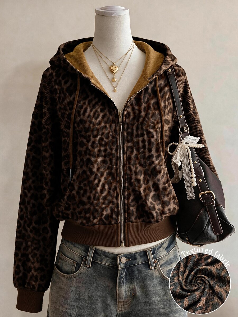 Collagica Collagica Áo hoodie nữ kéo khóa họa tiết da báo - màu nâu - Xem 1