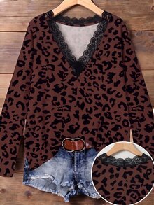 Glimmora New Fashion Casual V-Neck Leopard Print Lace Trim T-Shirt For Men And Women - Multicolor - View 6