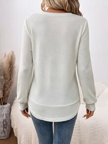 SHEIN LUNE 女款圓領不對稱下擺華夫格紋布料休閒運動居家舒適優雅街頭風秋冬衛衣 米白色 - 彩色 - 查看 2