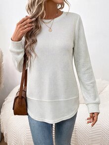 SHEIN LUNE 女款圓領不對稱下擺華夫格紋布料休閒運動居家舒適優雅街頭風秋冬衛衣 米白色 - 彩色 - 查看 5