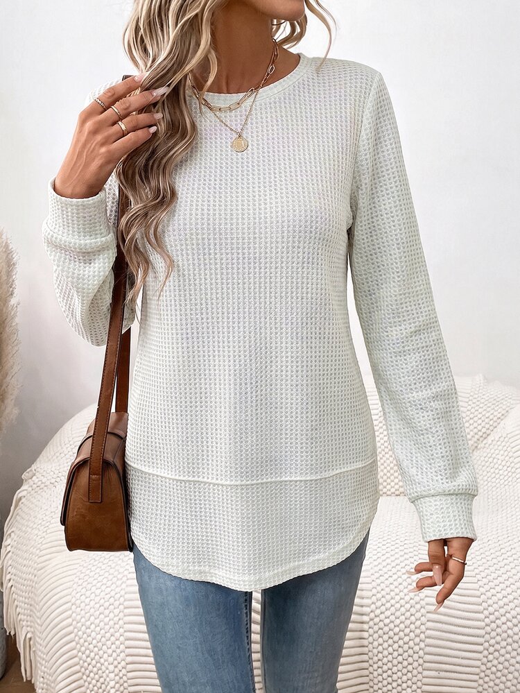 SHEIN LUNE Women's Crew Neck Asymmetrical Hem Waffle Texture Fabric Casual Sporty Home Comfortable Elegant Streetwear Autumn/Winter Sweatshirt Off-White - Multicolor - View 5