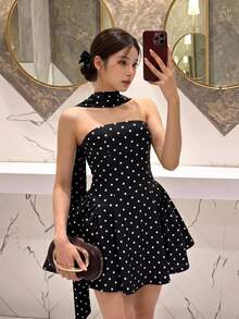 Slaydiva New Party, Birthday, Cocktail, Valentine's Day, Halloween, Christmas, Wedding, Daily Wear French Style Strapless A-Line Polka Dot Mini Dress For Women - Black and White - View 2
