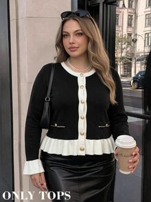 SHEIN MOD Plus Size Contrast Color Ruffle Hem Knit Cardigan, Preppy Elegant Style Winter - Black and White - View 1