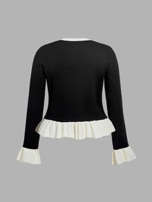 SHEIN MOD Plus Size Contrast Color Ruffle Hem Knit Cardigan, Preppy Elegant Style Winter - Black and White - View 2