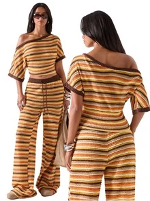 LYSMO Women's Asymmetric Shoulder Burnt Orange Colorblock Top And Drawstring Waist Long Pants Casual 90s Retro Set Thanksgiving Vacation - Coffee Brown - View 1
