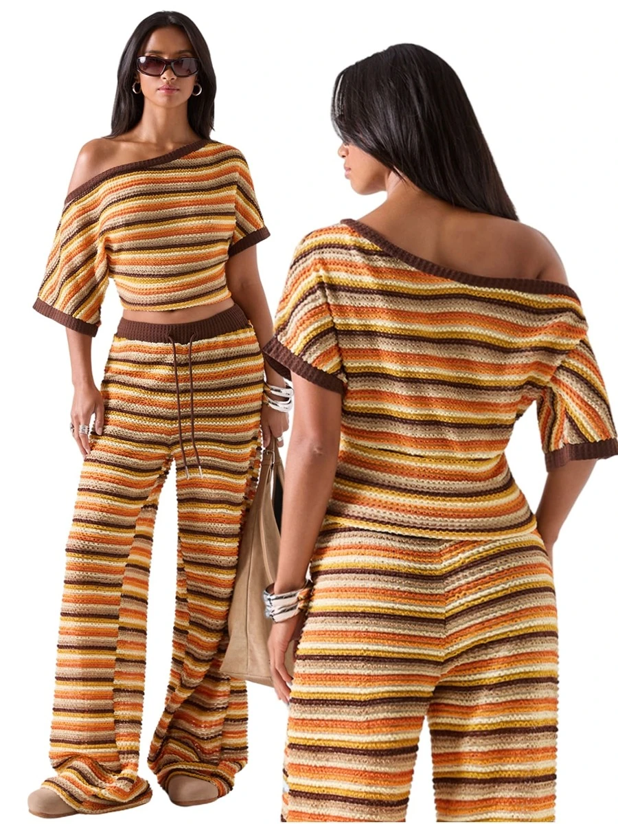 LYSMO Women's Asymmetric Shoulder Burnt Orange Colorblock Top And Drawstring Waist Long Pants Casual 90s Retro Set Thanksgiving Vacation - Coffee Brown - View 1