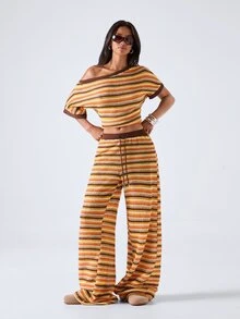 LYSMO Women's Asymmetric Shoulder Burnt Orange Colorblock Top And Drawstring Waist Long Pants Casual 90s Retro Set Thanksgiving Vacation - Coffee Brown - View 3
