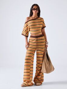 LYSMO Women's Asymmetric Shoulder Burnt Orange Colorblock Top And Drawstring Waist Long Pants Casual 90s Retro Set Thanksgiving Vacation - Coffee Brown - View 6