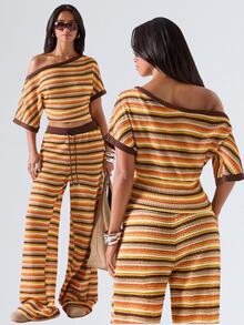 LYSMO Women's Asymmetric Shoulder Burnt Orange Colorblock Top And Drawstring Waist Long Pants Casual 90s Retro Set Thanksgiving Vacation - Coffee Brown - View 7