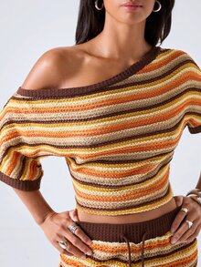 LYSMO Women's Asymmetric Shoulder Burnt Orange Colorblock Top And Drawstring Waist Long Pants Casual 90s Retro Set Thanksgiving Vacation - Coffee Brown - View 8