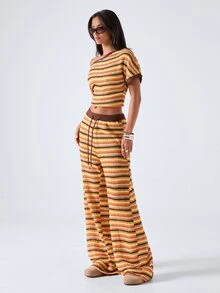 LYSMO Women's Asymmetric Shoulder Burnt Orange Colorblock Top And Drawstring Waist Long Pants Casual 90s Retro Set Thanksgiving Vacation - Coffee Brown - View 4