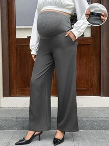 MaterniWear Maternity Solid Color Adjustable Waist Casual Loose Fit Wide Leg Pants Fall Photoshoot - Light Grey - View 3