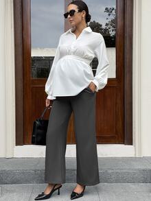 MaterniWear Maternity Solid Color Adjustable Waist Casual Loose Fit Wide Leg Pants Fall Photoshoot - Light Grey - View 8
