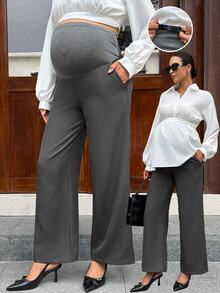 MaterniWear Maternity Solid Color Adjustable Waist Casual Loose Fit Wide Leg Pants Fall Photoshoot - Light Grey - View 2