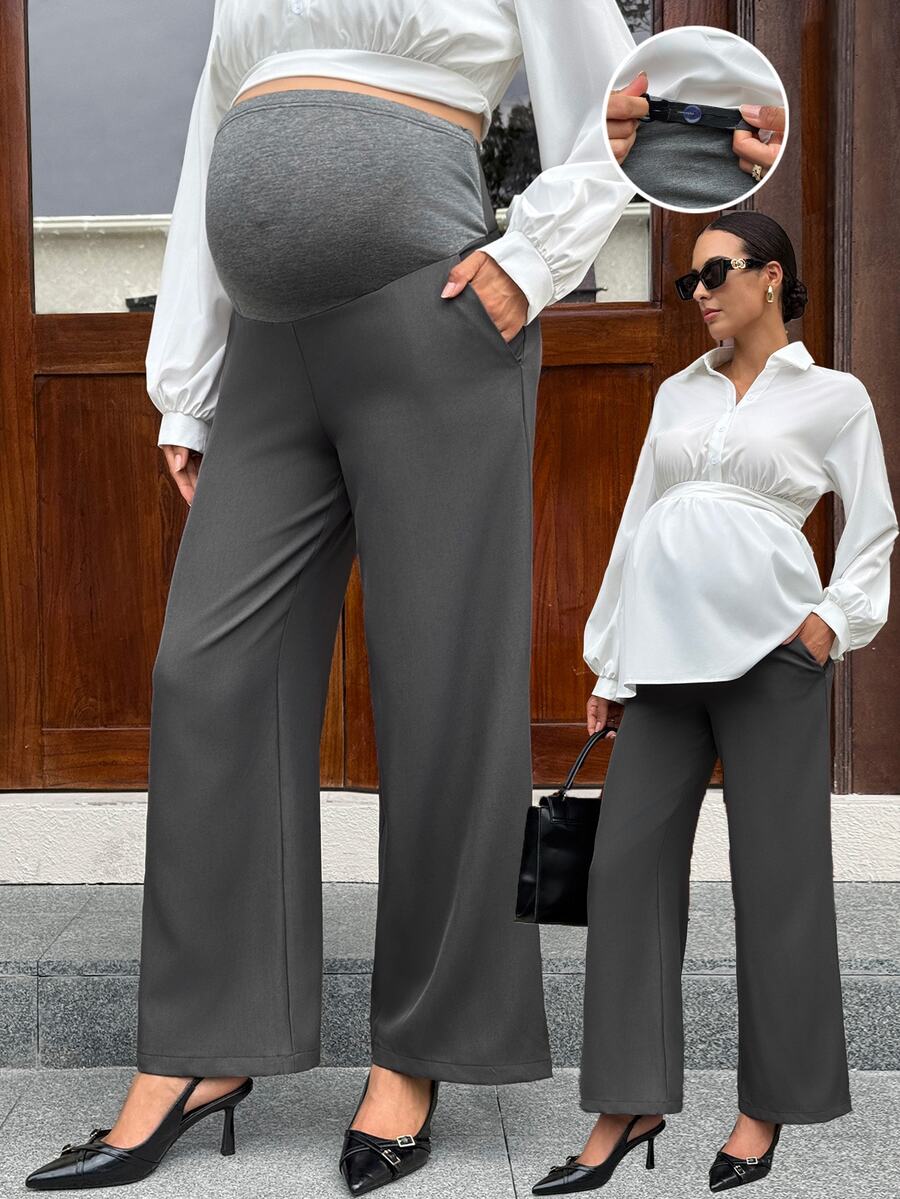 MaterniWear Maternity Solid Color Adjustable Waist Casual Loose Fit Wide Leg Pants Fall Photoshoot